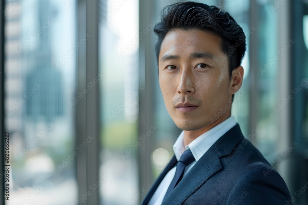 Serious asian businessman looking out window Serious asian businessman looking out window