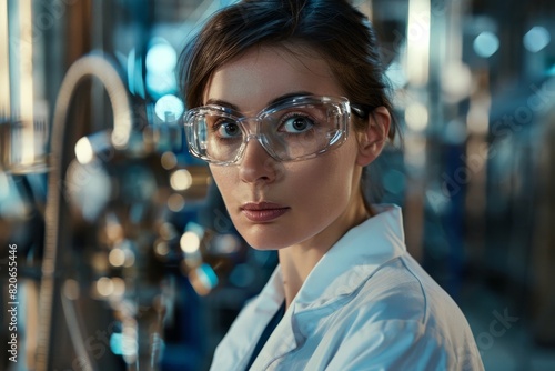woman in lab coat and safety glasses