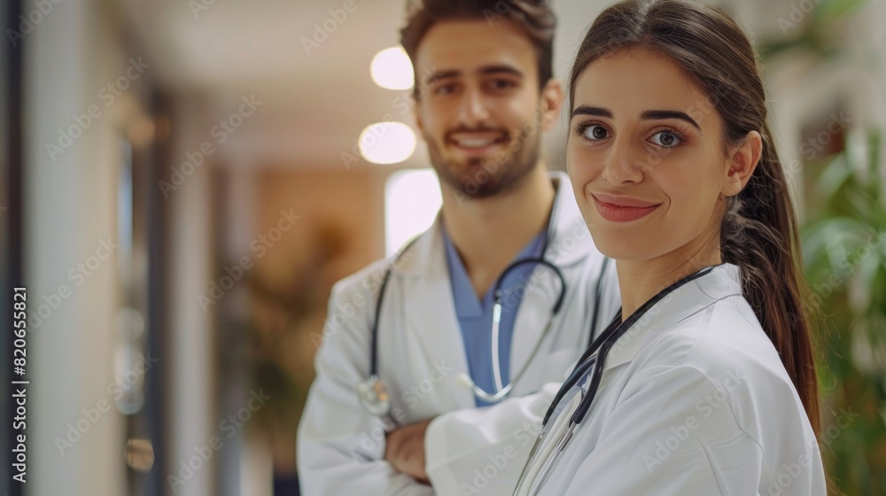 Confident female and male doctors smile at camera in hospital hallway. Confident female and male doctors smile at camera in hospital hallway.