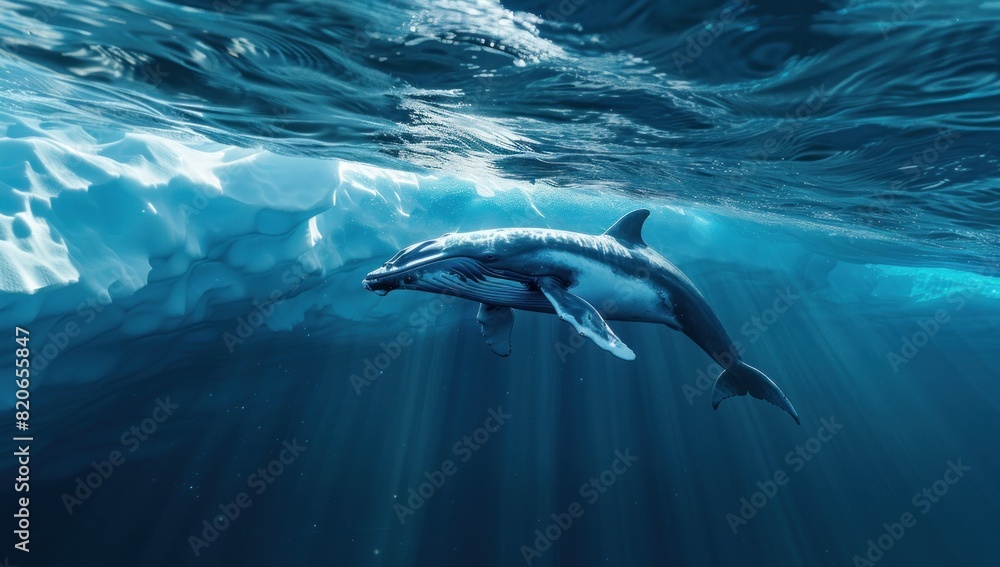 Fototapeta premium a realistic photo of A minke whale swimming in the icy waters near Greenland
