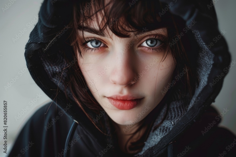 Mysterious woman with dark hair and intense gaze Mysterious woman with dark hair and intense gaze