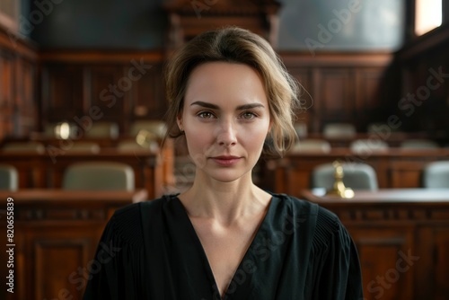 Confident woman in black dress looking at camera