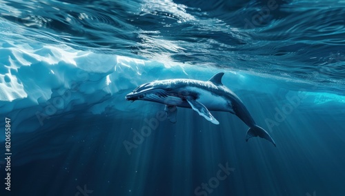 a realistic photo of A minke whale swimming in the icy waters near Greenland photo