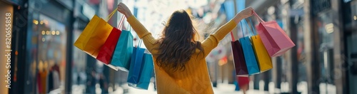 Experience a joyful shopping spree on the urban streets, carrying colorful bags. Enjoy the consumer experience with a cheerful shopper, celebrating the vibrant and happy retail lifestyle
