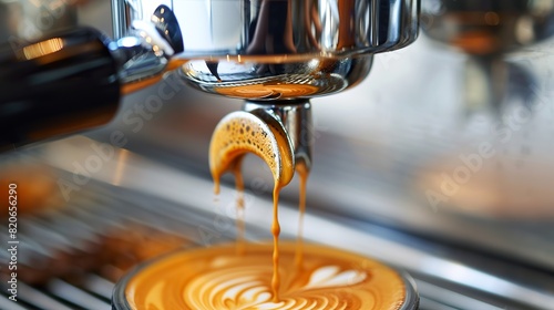 Perfect Espresso Shot Pouring into a Latte Art Cup photo