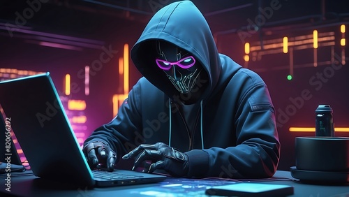 Dangerous hacker wearing mask and black jacket with cyber background photo