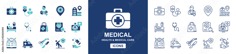 Fototapeta premium medical care icon vector set hospital health digital medicine diagnosis treatment signs illustration
