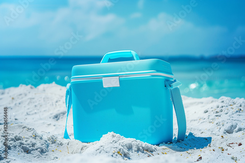 Portable Blue Beach Cooler on Sunny Sandy Shore