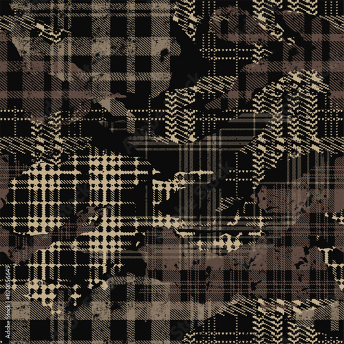 Grunge tartan houndstooth plaid fabric patchwork wallpaper abstract vector seamless pattern for fabric shirt card print paper tablecloth pillow