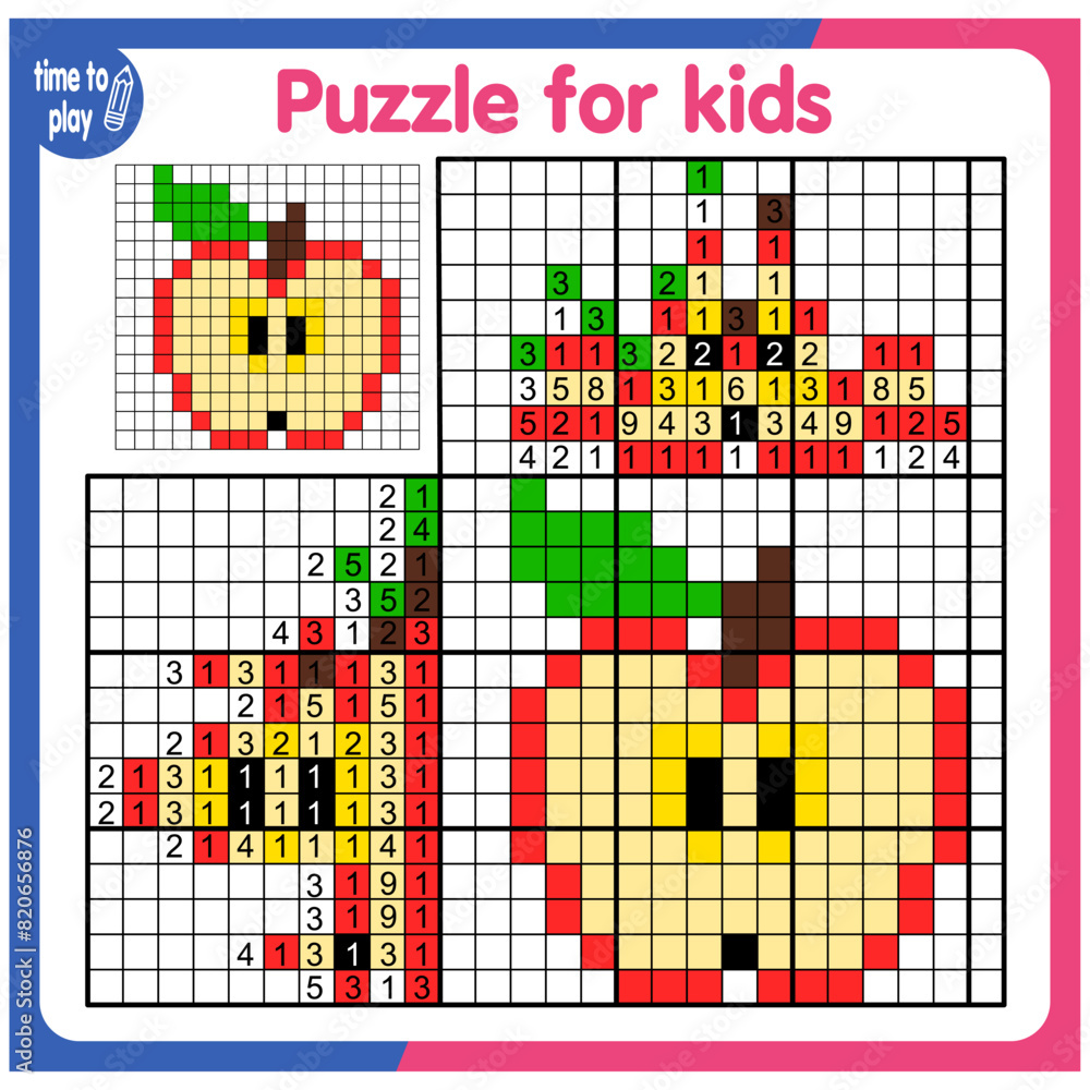 Fototapeta premium Coloring by numbers, educational game for children. Coloring book with numbered squares. Apple. fruit