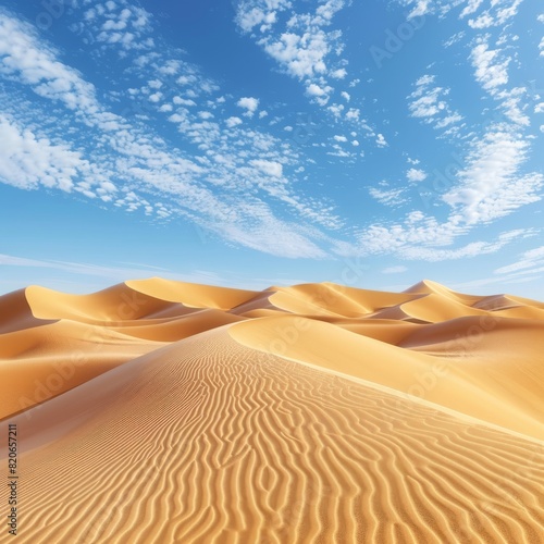 Beautiful desert landscape with rolling sand dunes under a sunny blue sky with scattered clouds  showcasing natural beauty and tranquility.
