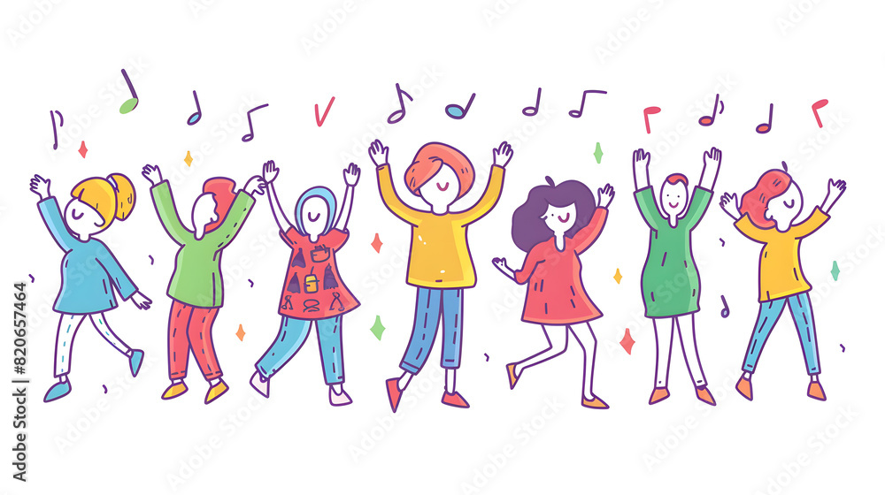 Fototapeta premium Happy smiling people dance and celebrate, simple shapes, flat colors, cartoon doodle illustration isolated on white background
