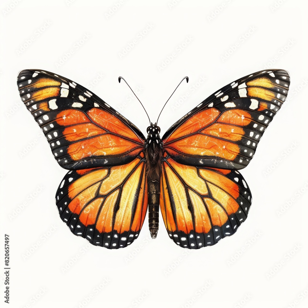 Fototapeta premium High-resolution image of a vibrant monarch butterfly with detailed wings spread open, showcasing its stunning orange and black patterns.