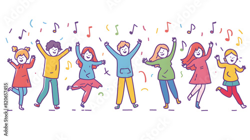 Happy smiling people dance and celebrate, simple shapes, flat colors, cartoon doodle  illustration isolated on white background