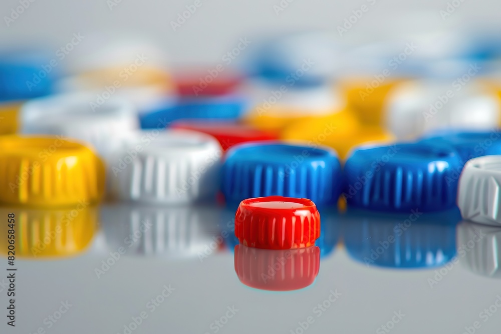 Isolated plastic caps. Recycle, reuse and reduce concept. PVC, PET. Bright background Isolated plastic caps. Recycle, reuse and reduce concept. PVC, PET. Bright background