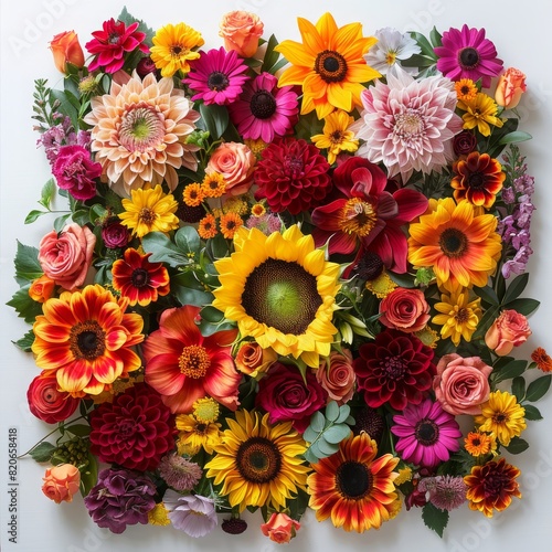 Vibrant floral collage featuring diverse  colorful blossoms including sunflowers  roses  dahlias  and more on a white background.