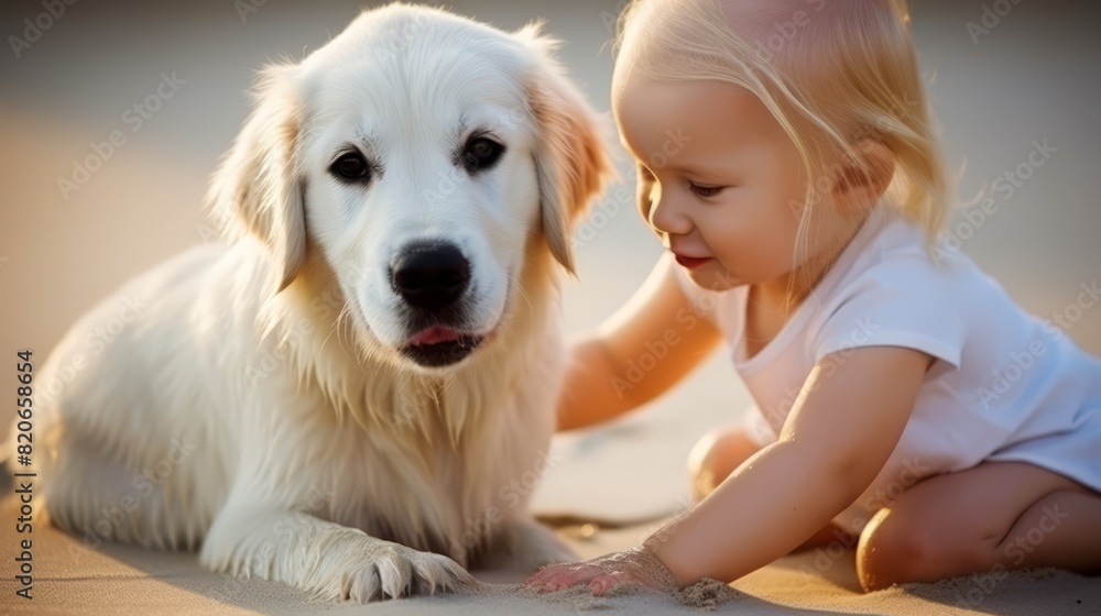 A young child is happily interacting with a golden retriever dog while on the ground, both showing joy and enjoyment in their playful interaction A young child is happily interacting with a golden retriever dog while on the ground, both showing joy and enjoyment in their playful interaction