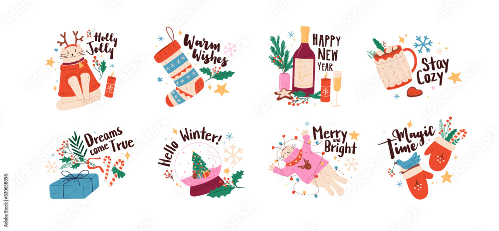 Xmas stickers with congratulations set. Phrases with Christmas toys, gifts, socks, fir tree, mistletoe, cute cat. Happy New Year quotes. Winter holiday. Flat isolated vector illustrations on white