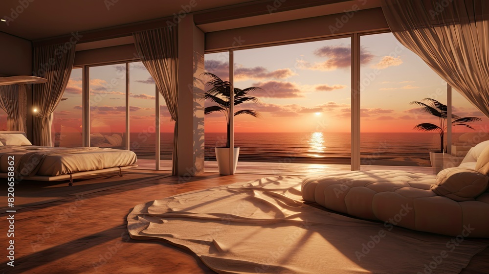 Beach with a hut. AI generated art illustration. Beach with a hut. AI generated art illustration.