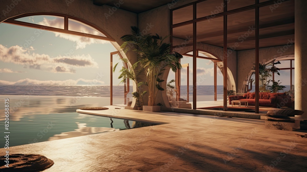 Beach with a hut. AI generated art illustration. Beach with a hut. AI generated art illustration.