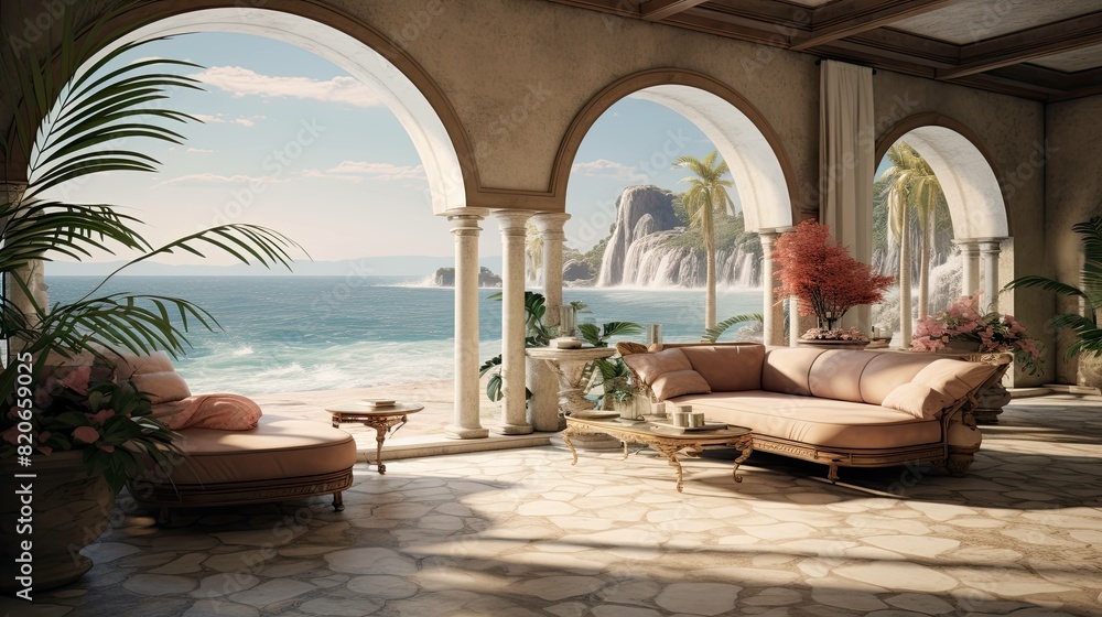Obraz premium Beach with a hut. AI generated art illustration.