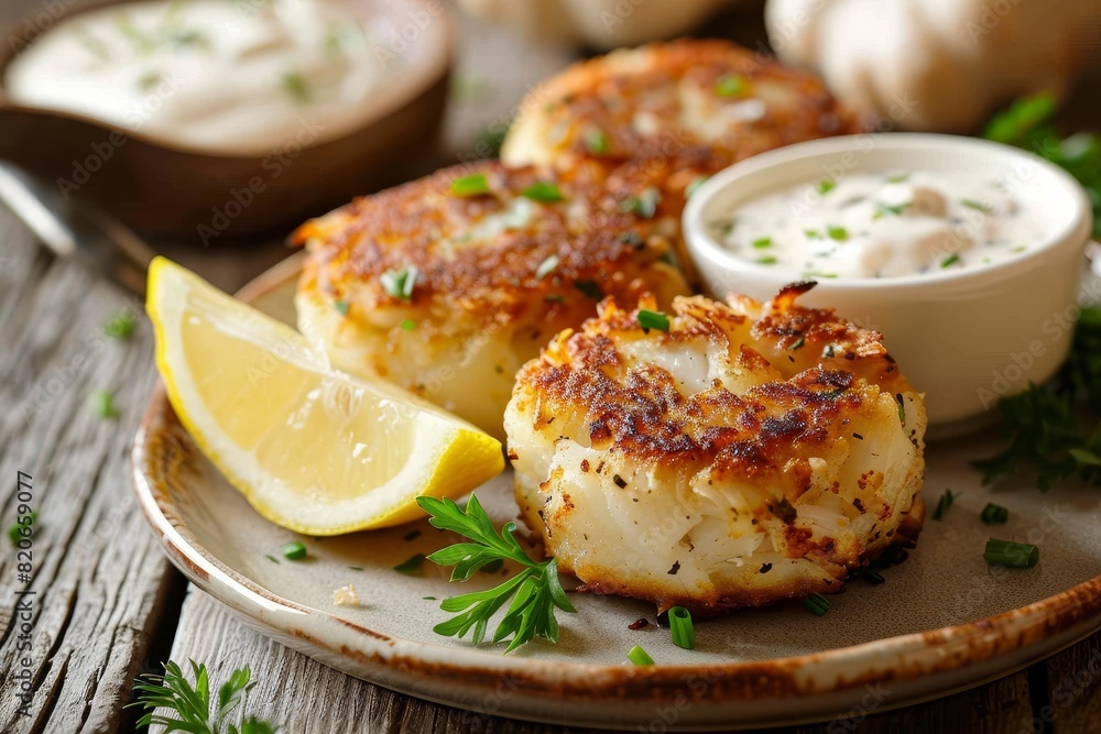 Delicious homemade crab cakes with lemon and tartar sauce Delicious homemade crab cakes with lemon and tartar sauce