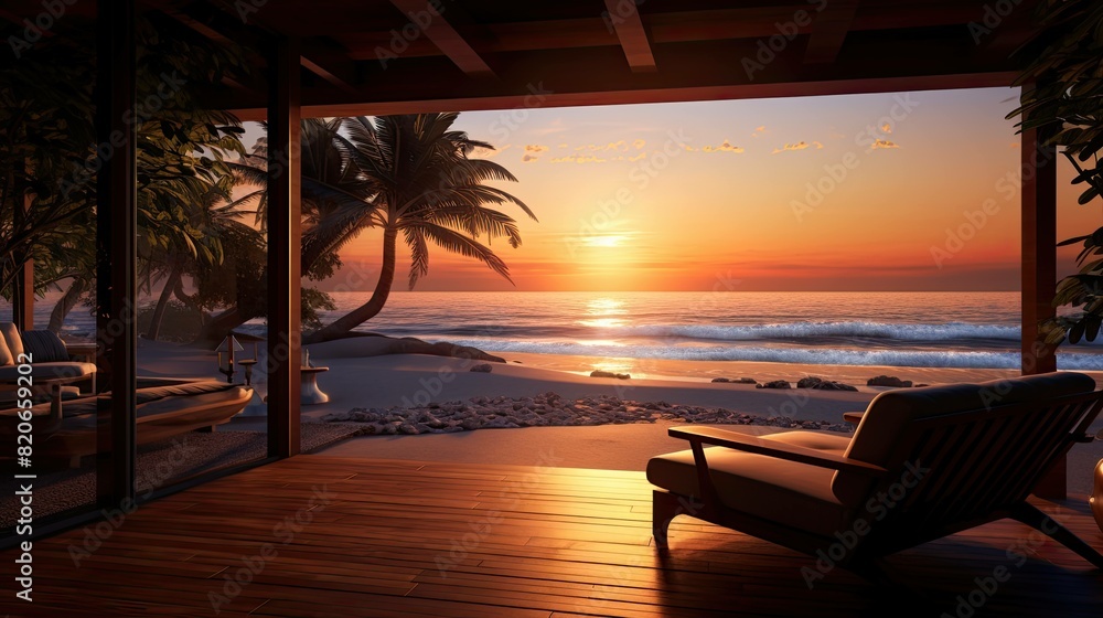 Fototapeta premium Beach with a hut. AI generated art illustration.