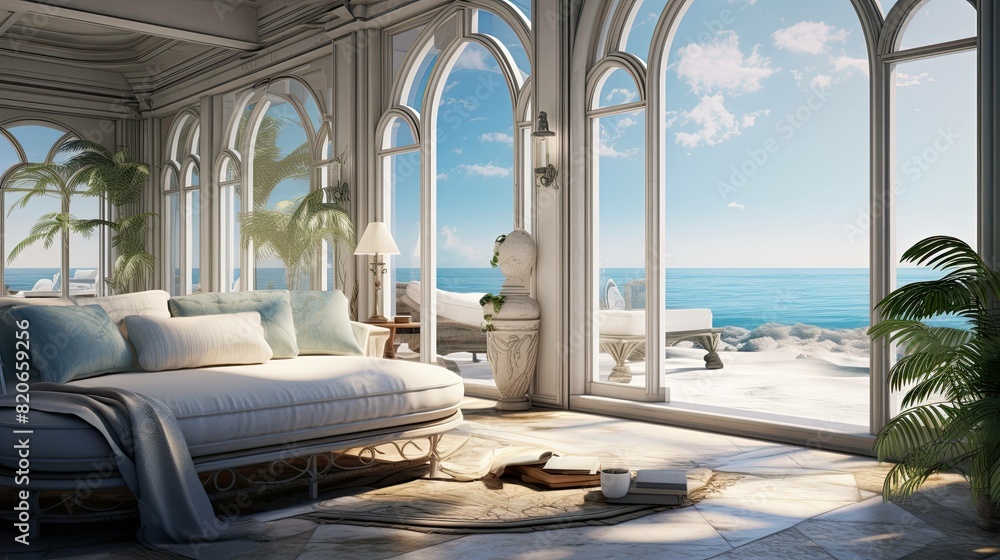 Fototapeta premium Beach with a hut. AI generated art illustration.