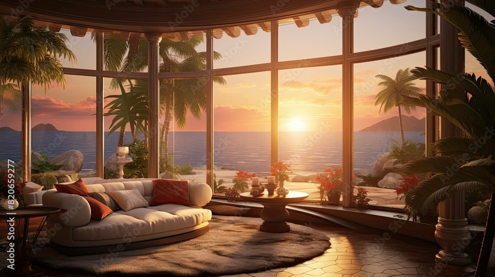 Fototapeta premium Beach with a hut. AI generated art illustration.