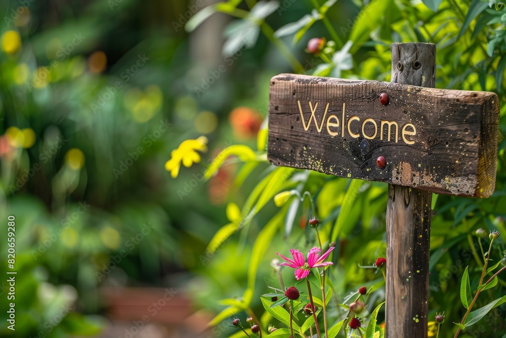 Welcoming sign in a lush garden