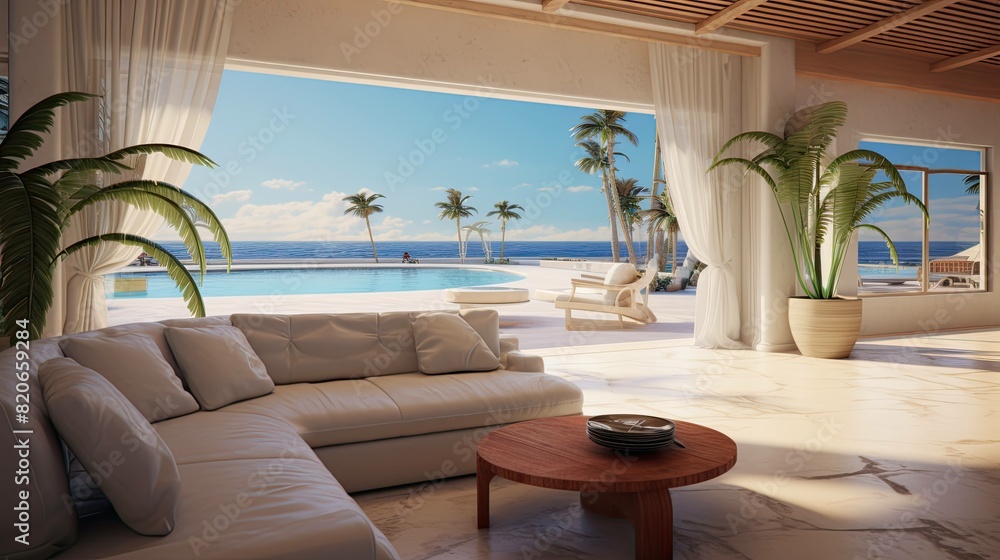 Fototapeta premium Beach with a hut. AI generated art illustration.