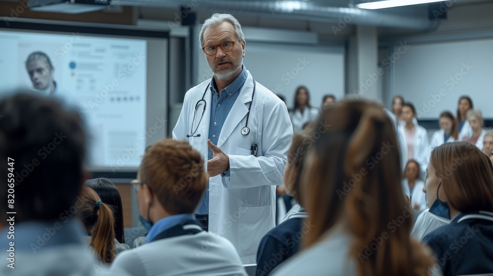 A doctor explaining a medical breakthrough to a group of students in a