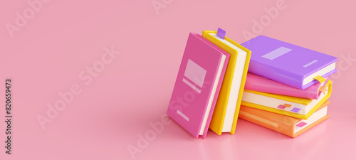 Stack of books with bright hardcover and bookmarks on pink banner with empty space for text. Cartoon 3d illustration of stacked literature for reading, school education and store concept.