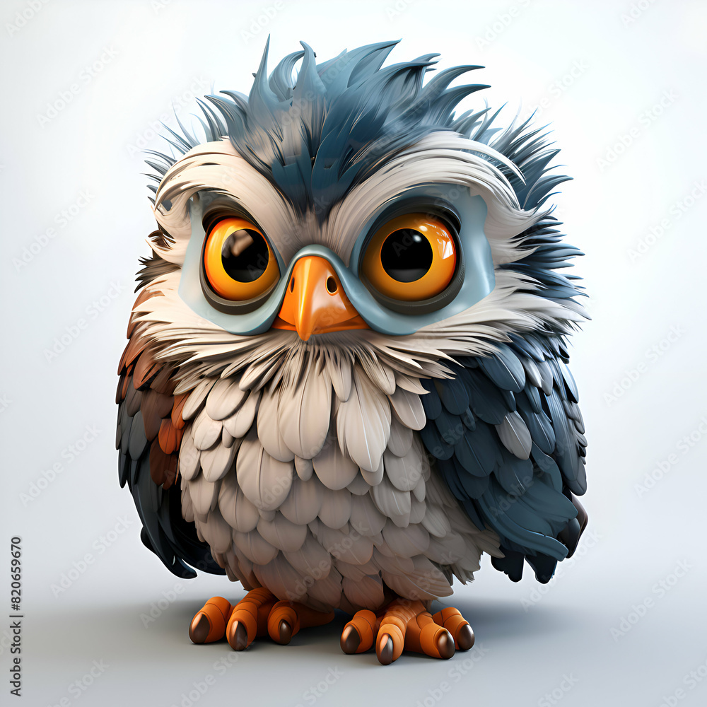 Fototapeta premium Cute cartoon owl with blue eyes. 3d render illustration.