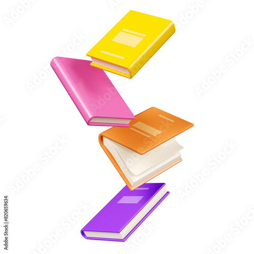 Floating books with bright color hardcover isolated on white. Cartoon 3d render illustration of flying literature for school education and library concept. Soar paper brochure for bookstore design.