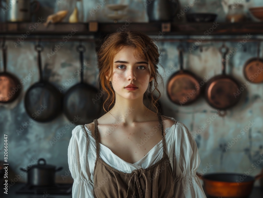 Portrait of a thoughtful young woman in a rustic kitchen setting Portrait of a thoughtful young woman in a rustic kitchen setting