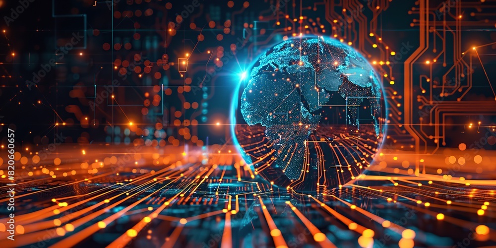 Earth surrounded glowing data connections, global connectivity. Background circuit board technology. Earth surrounded glowing data connections, global connectivity. Background circuit board technology.