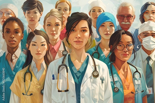 diverse healthcare workers, such as doctors, nurses, and medical staff. healthcare professionals from different ethnicities, standing together. world health day, healthcare, medical sector.