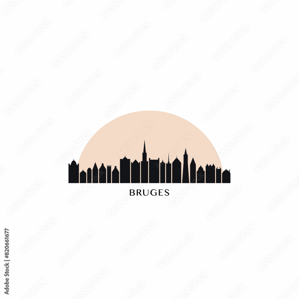 Bruges cityscape skyline city panorama vector flat modern logo icon at sunrise, sunset. Belgium town travel emblem idea with landmarks and building silhouettes. Isolated simple graphic