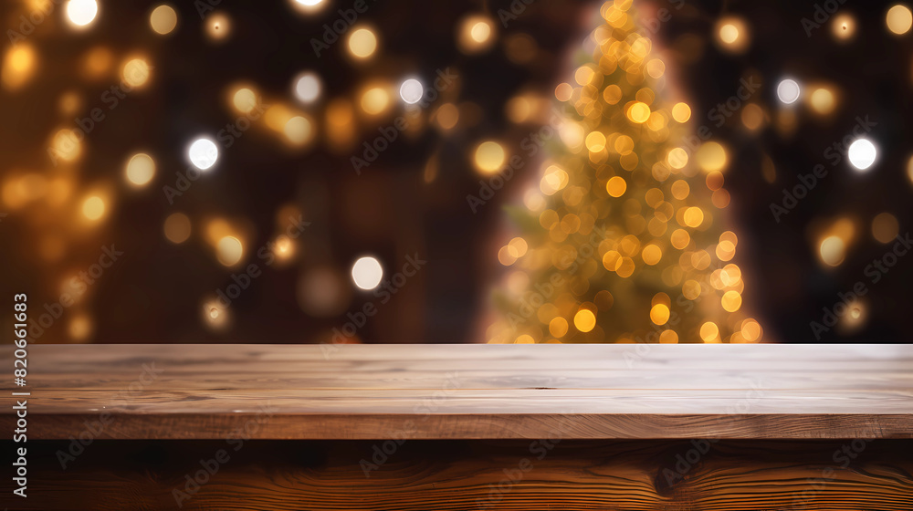 Wood table with blurry christmas tree and fireplace background with copy space Wood table with blurry christmas tree and fireplace background with copy space