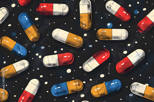 Medicine capsules hand drawn illustrated seamless pattern, watercolor photo