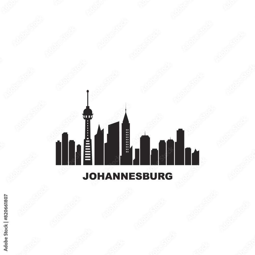 Obraz premium Johannesburg cityscape skyline city panorama vector flat modern logo icon. South Africa travel emblem idea with landmarks and building silhouettes. Isolated simple shape black graphic