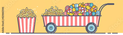 Popcorn and candy cart flat design  front view  chic theme  cartoon drawing  complementary color scheme