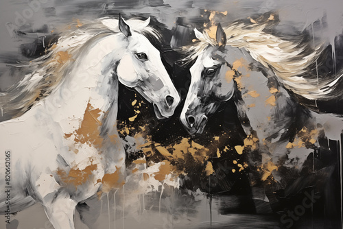 Image painted on canvas black and white horses at a gallop, gold accents, visible paint texture and strong brush strokes photo