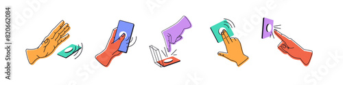 Hands press buttons, hit doorbell set. People touch, push with fingers to activate, launch. Person taps, click on screen to switch on and off. Flat isolated contour vector illustration on white