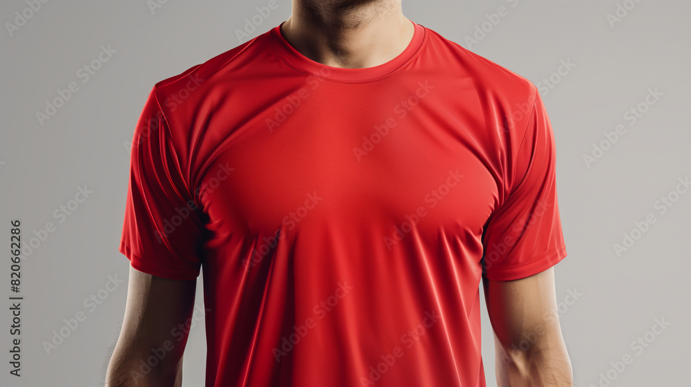 Fototapeta premium Close-Up Of A Man Wearing A Red Athletic T-Shirt With Minimal Wrinkles, Mocup