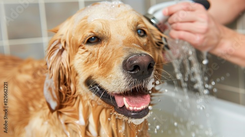 Cheerful Pet Groomer Bathing Fluffy Dog in Well-Equipped Salon