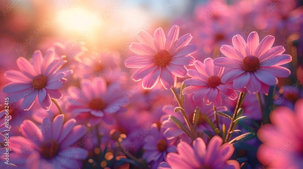 Beautiful Floral Background. Bottom View on a Gentle Purple Daisy Flowers in Bright Sunny Day. Beautiful Floral Background. Bottom View on a Gentle Purple Daisy Flowers in Bright Sunny Day.