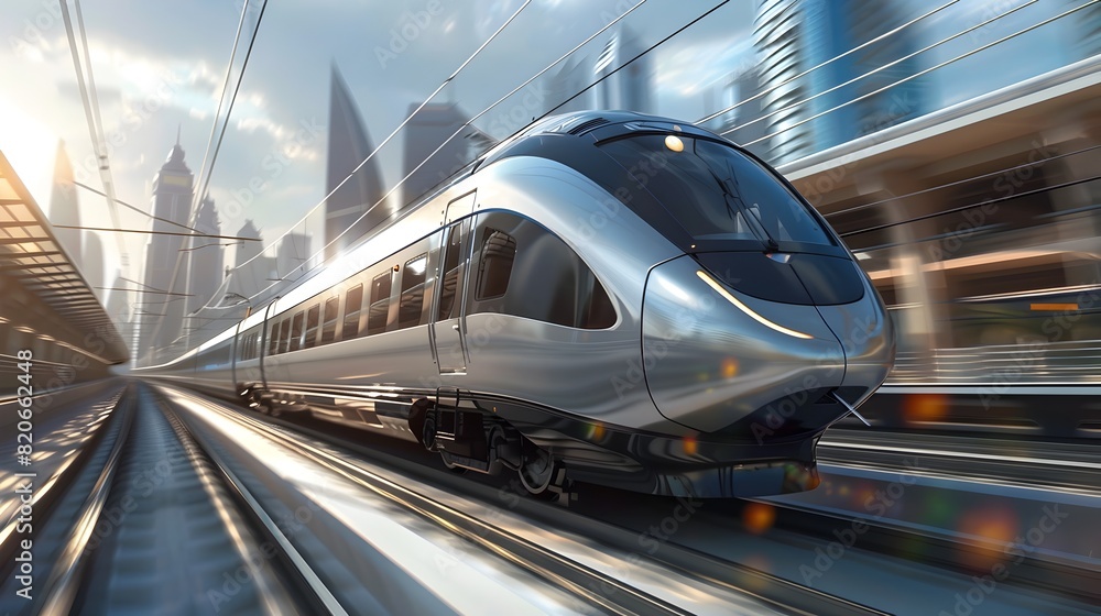 Fototapeta premium Sleek High-Speed Train Speeding Through Futuristic Urban Landscape in Digital Rendering