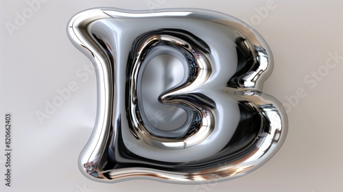 3d capital B liquefying molten metal design with abstract fluid droplet form, glossy sleek reflective sheen and metallic chrome or silver shading. Isolated letter for futuristic font creation.
